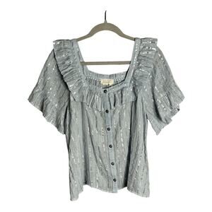 Anthropologie Gray Button Front Blouse Silver Metallic Stripes Ruffles Size Sm
